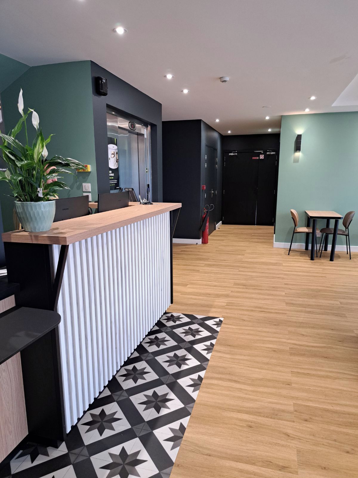 Una recepción moderna con un mostrador de madera, una planta en maceta y una alfombra estampada.