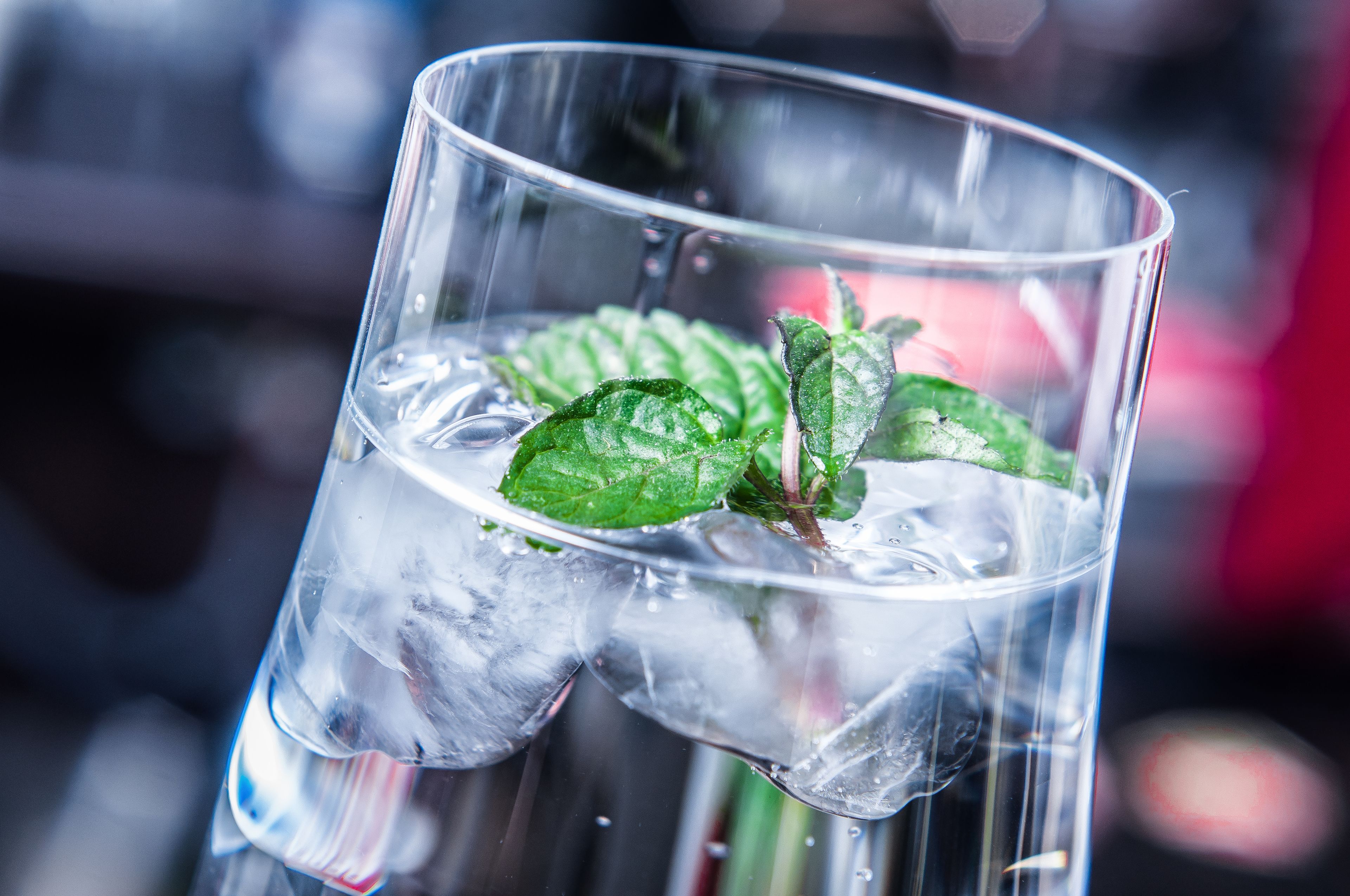 Un vaso transparente con hielo y hojas de menta.