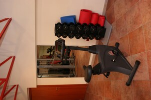A home gym with a stationary bike, dumbbells, and exercise mats.