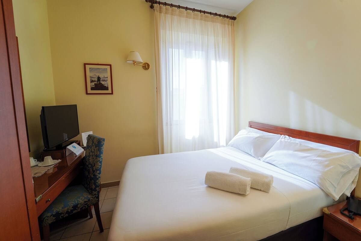 Una camera d'albergo con un letto, una scrivania con televisore, una sedia e un quadro appeso al muro.
