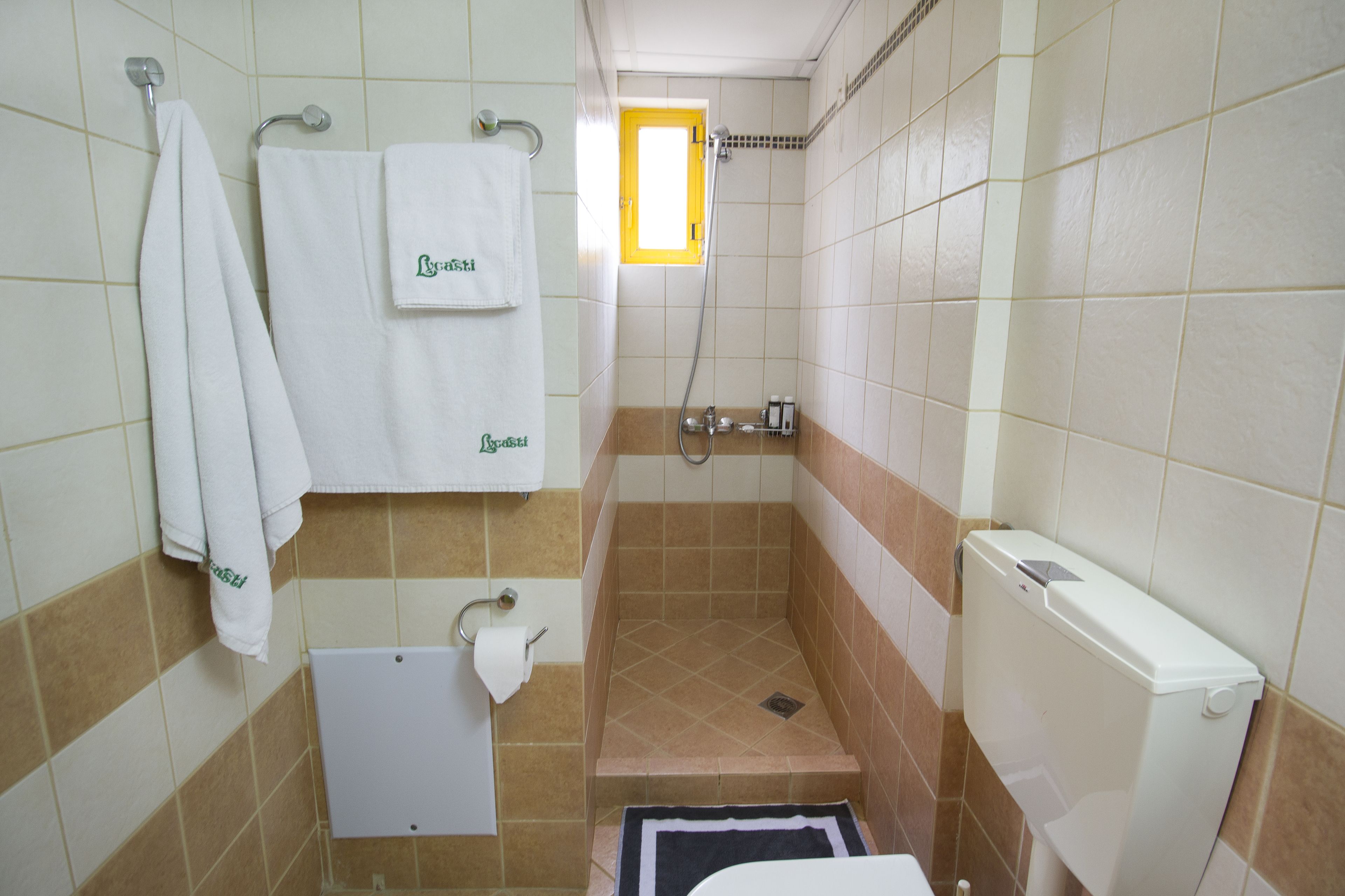 A small bathroom with a shower, a toilet, and a towel rack with two towels.