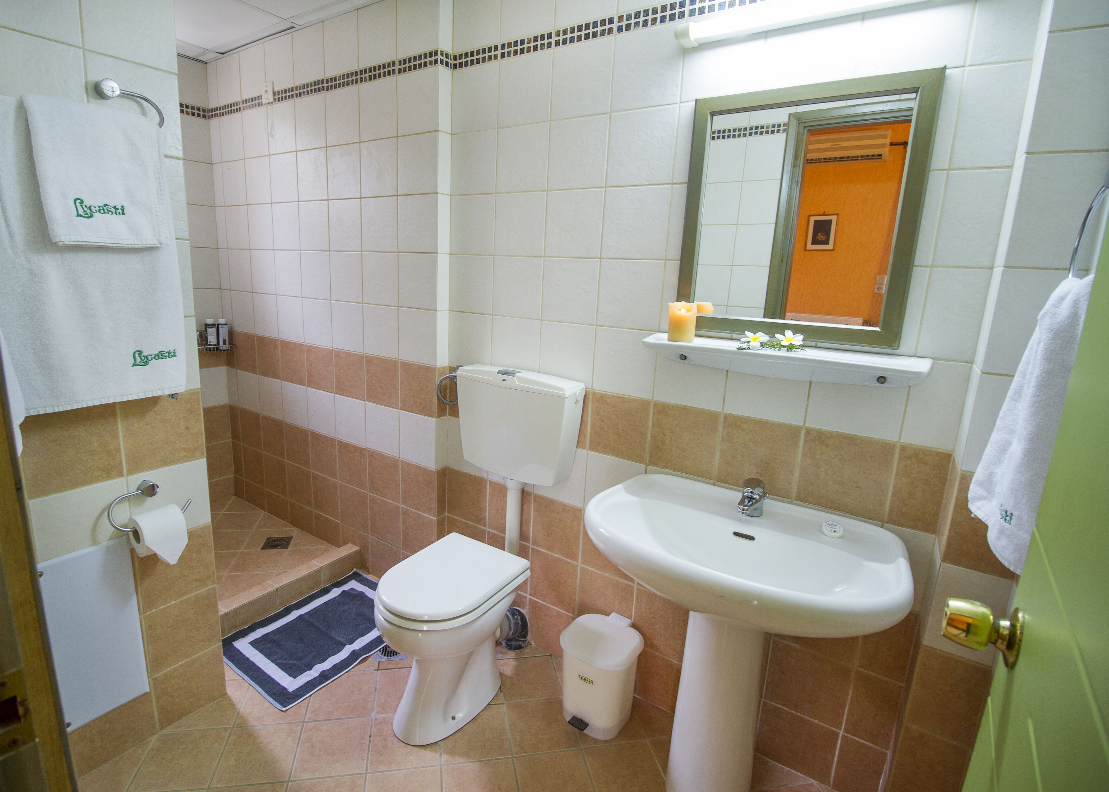 A bathroom with a toilet, sink, and mirror. There is a towel hanging on the wall and a trash can next to the toilet.