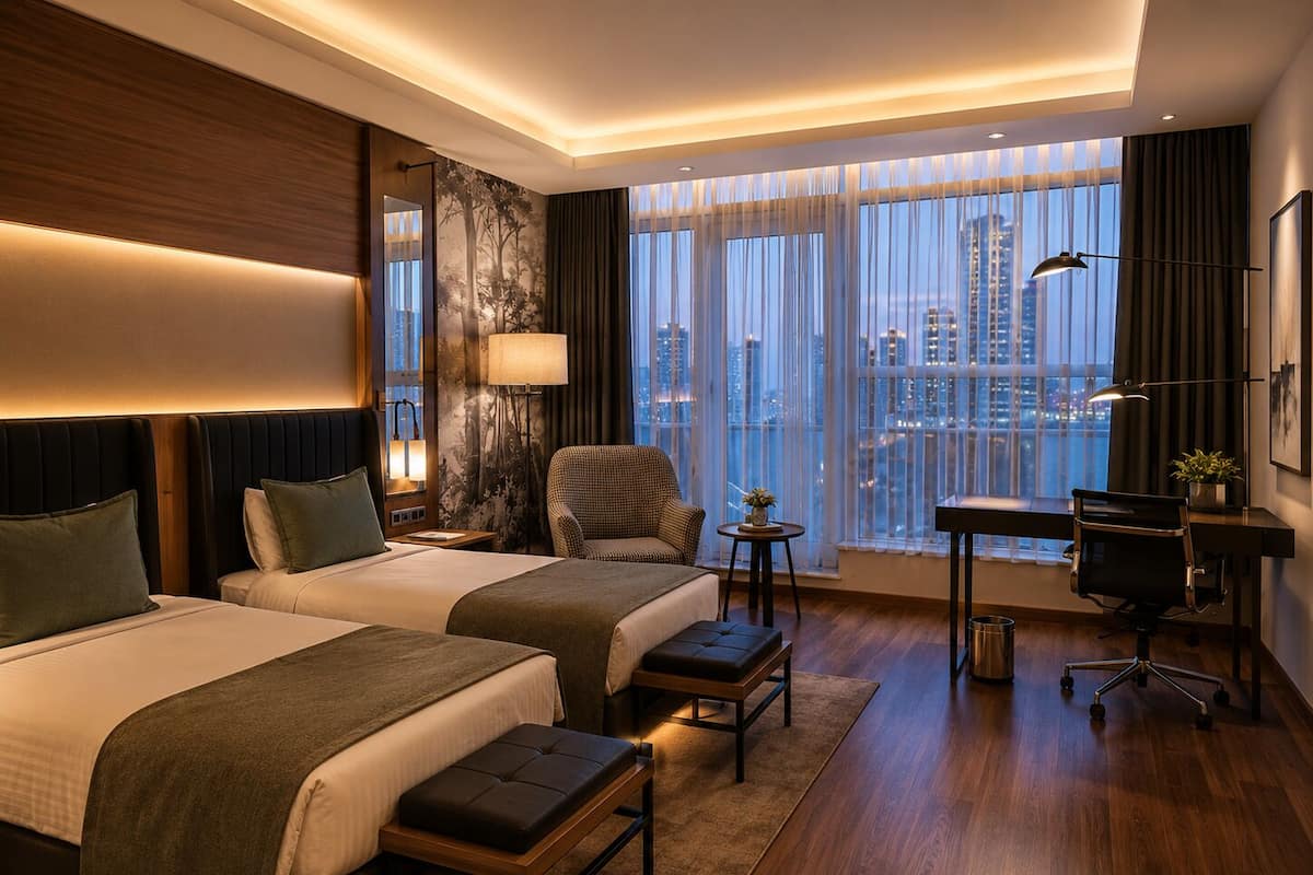 Habitación de hotel con dos camas, un escritorio, una silla, una lámpara y vistas a la ciudad.