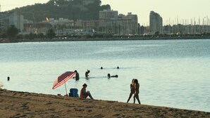 A beach with people swimming and walking, a beach umbrella, and a cityscape in the background.