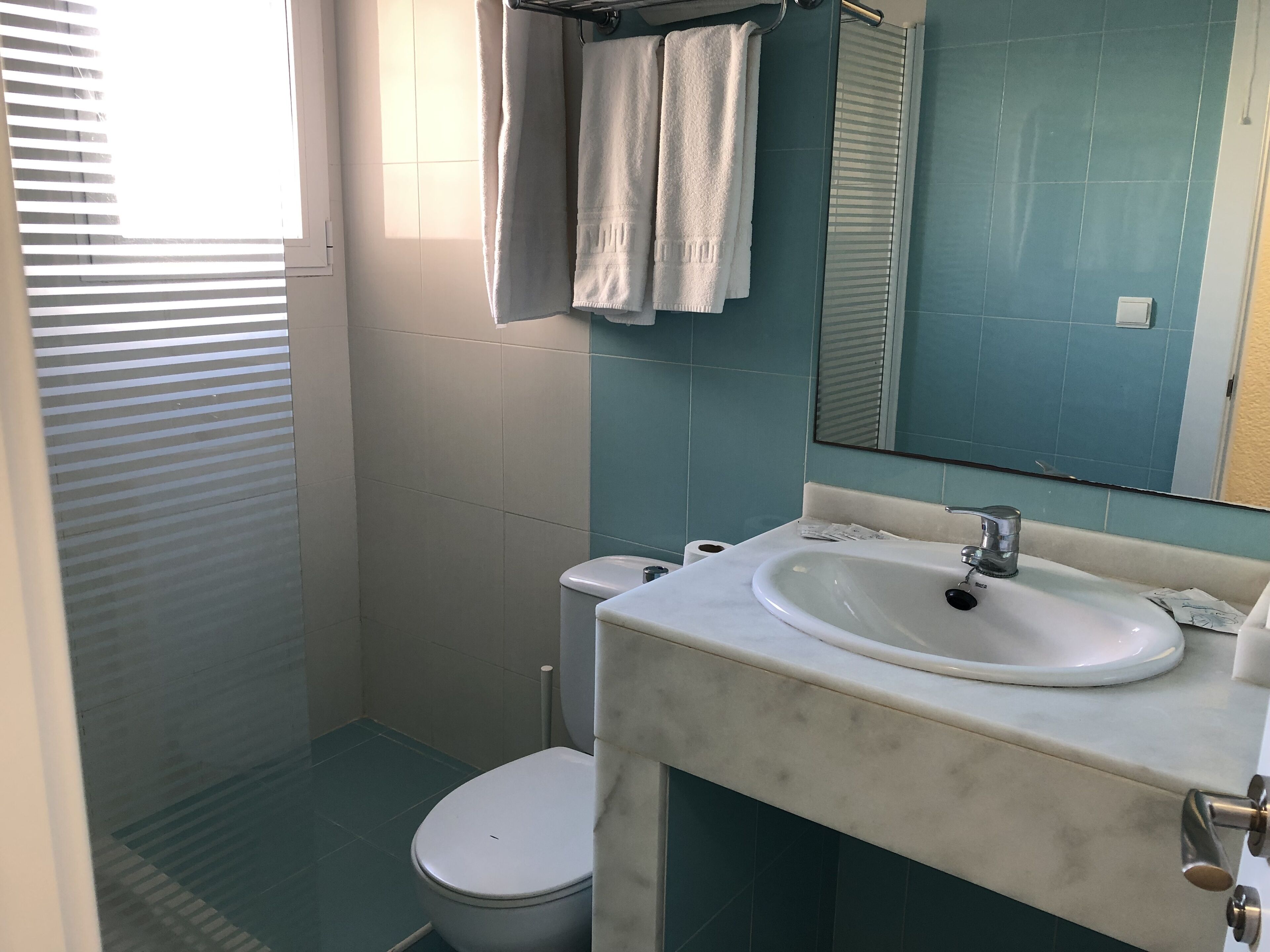 A bathroom with a white toilet, a sink with a mirror above it, and a shower area.