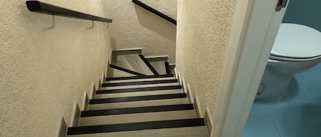 A staircase with black and white steps leading to a toilet area.