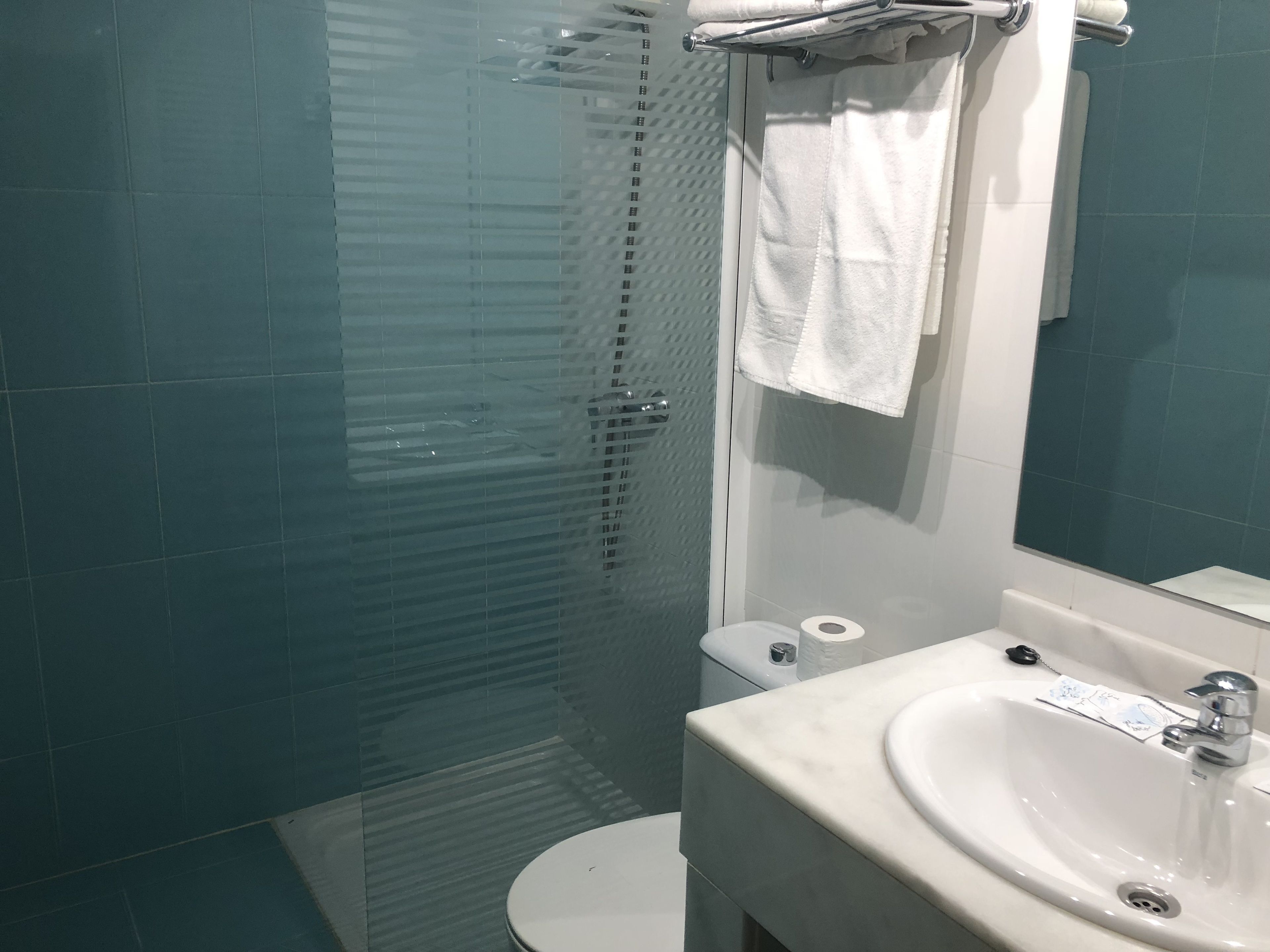 Een badkamer met een douchecabine van glas, een wit toilet en een wastafel met spiegel erboven.
