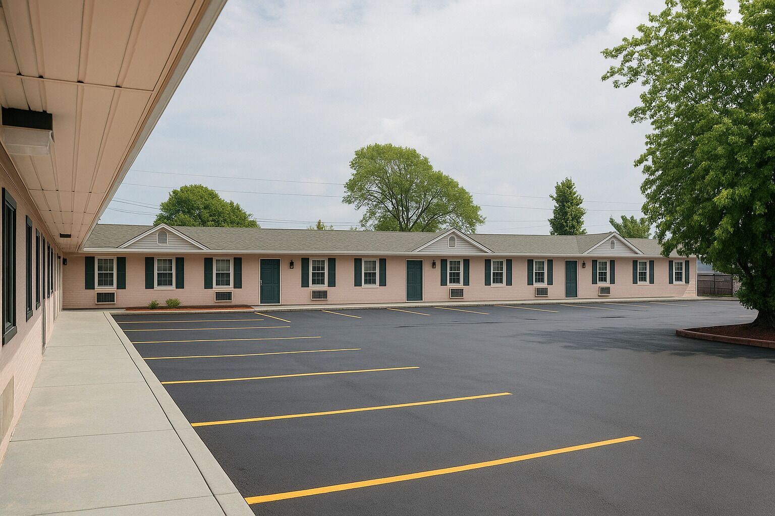 A motel with a parking lot and a building with multiple windows and doors.