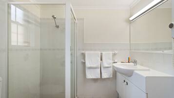 Een moderne badkamer met een douchecabine van glas, een wit wastafeltje en een spiegel erboven.