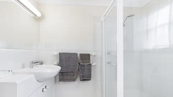 A modern bathroom with a white sink, a glass shower enclosure, and two towels hanging on a rack.