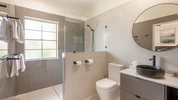 A modern bathroom with a glass-enclosed shower, a toilet, and a vanity with a sink and mirror.
