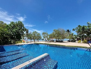 Outdoor pool, pool umbrellas, pool loungers