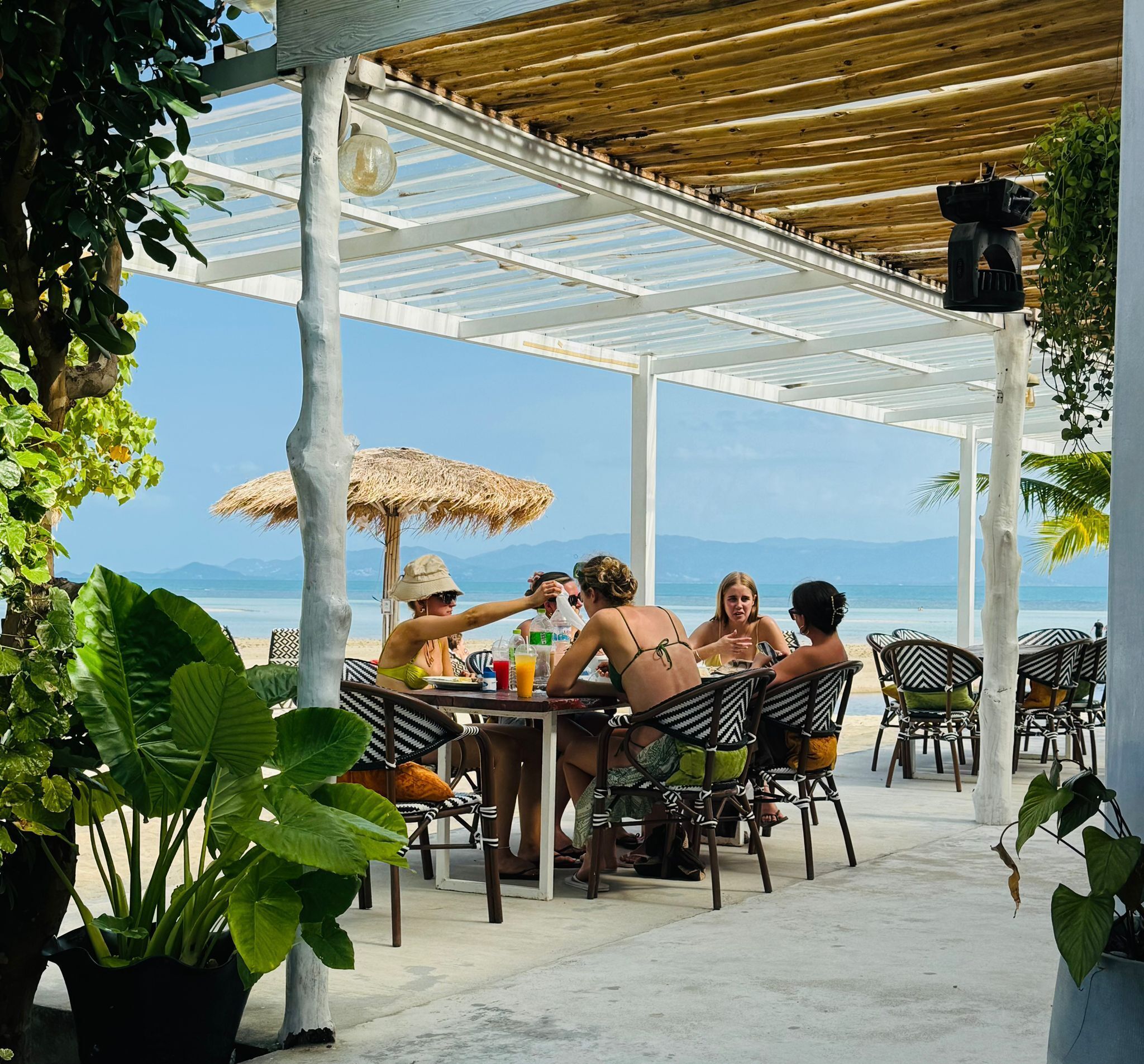 Un espacio comedor al aire libre cubierto con vista al mar, que incluye una mesa con sillas y plantas en macetas.