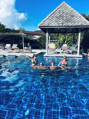 Outdoor pool, pool umbrellas, pool loungers