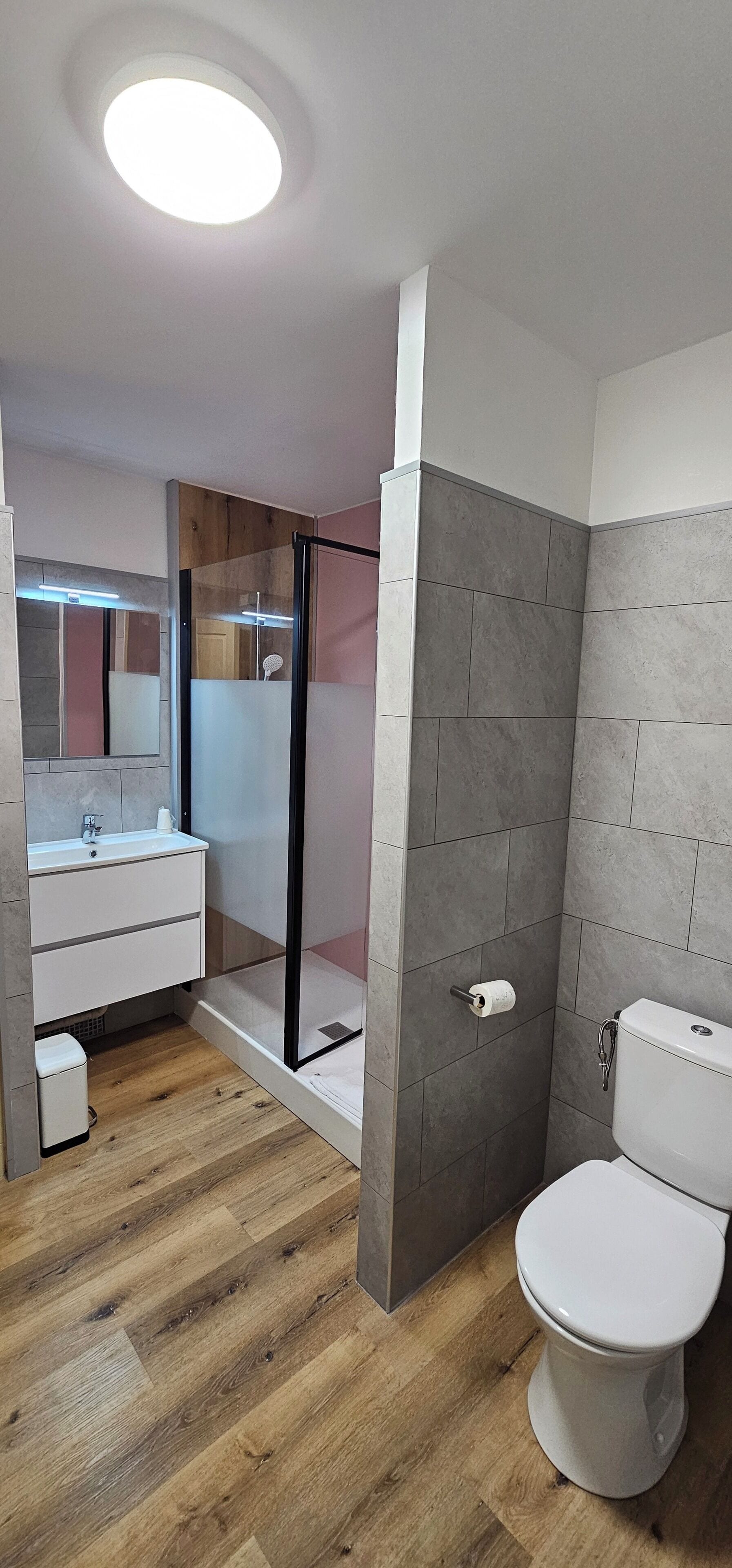 Un baño moderno con suelo de madera, cabina de ducha de vidrio, lavabo blanco y un inodoro.