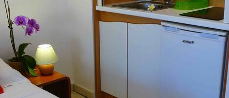A compact kitchenette with a microwave, sink, and a small refrigerator.