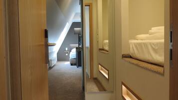 A modern bedroom with a large bed, a walk-in closet, and a sloped ceiling with a skylight.