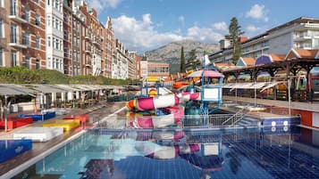 Indoor pool, seasonal outdoor pool, pool umbrellas, sun loungers