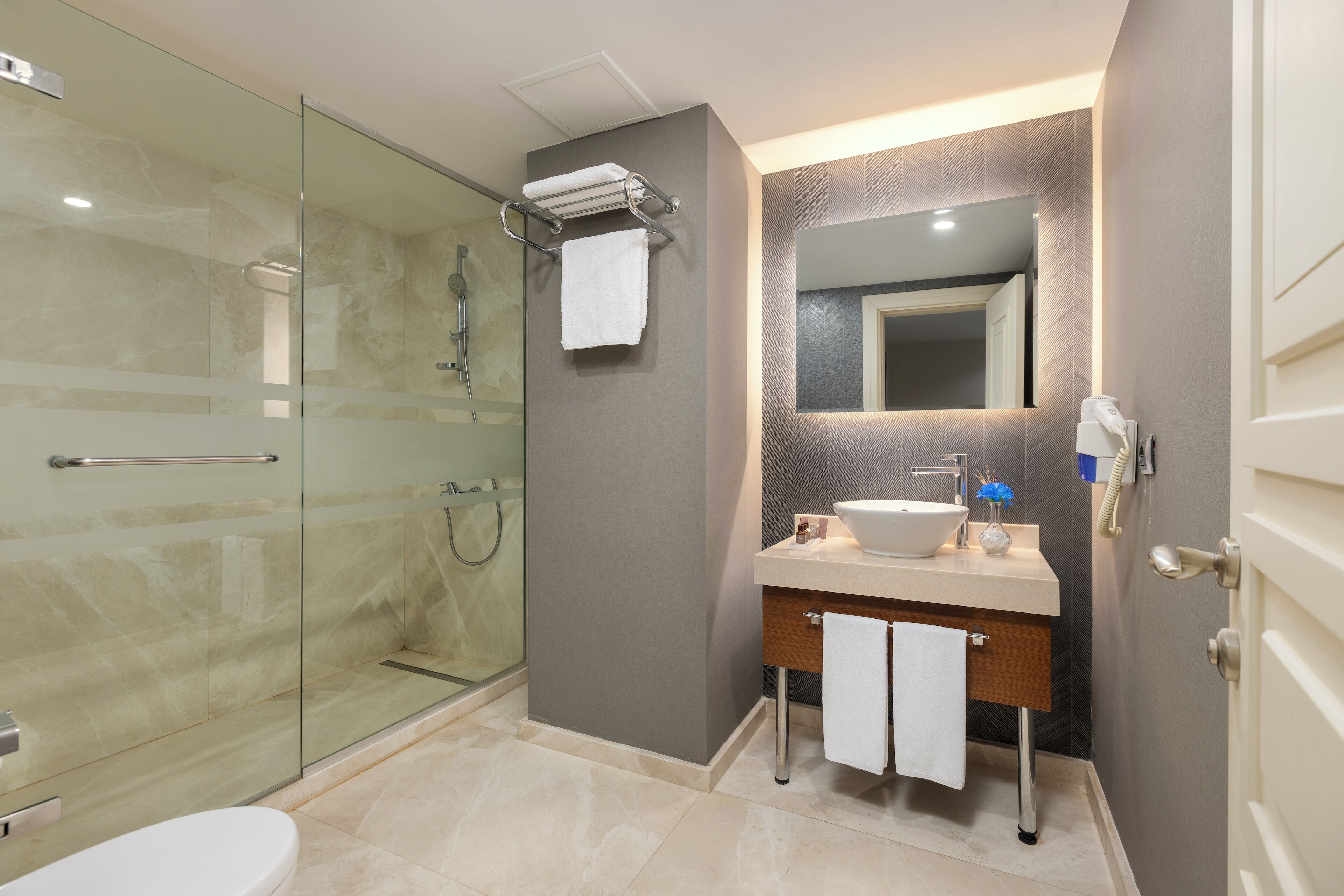 A modern bathroom with a glass shower enclosure, a vanity with a sink and mirror, and a toilet.
