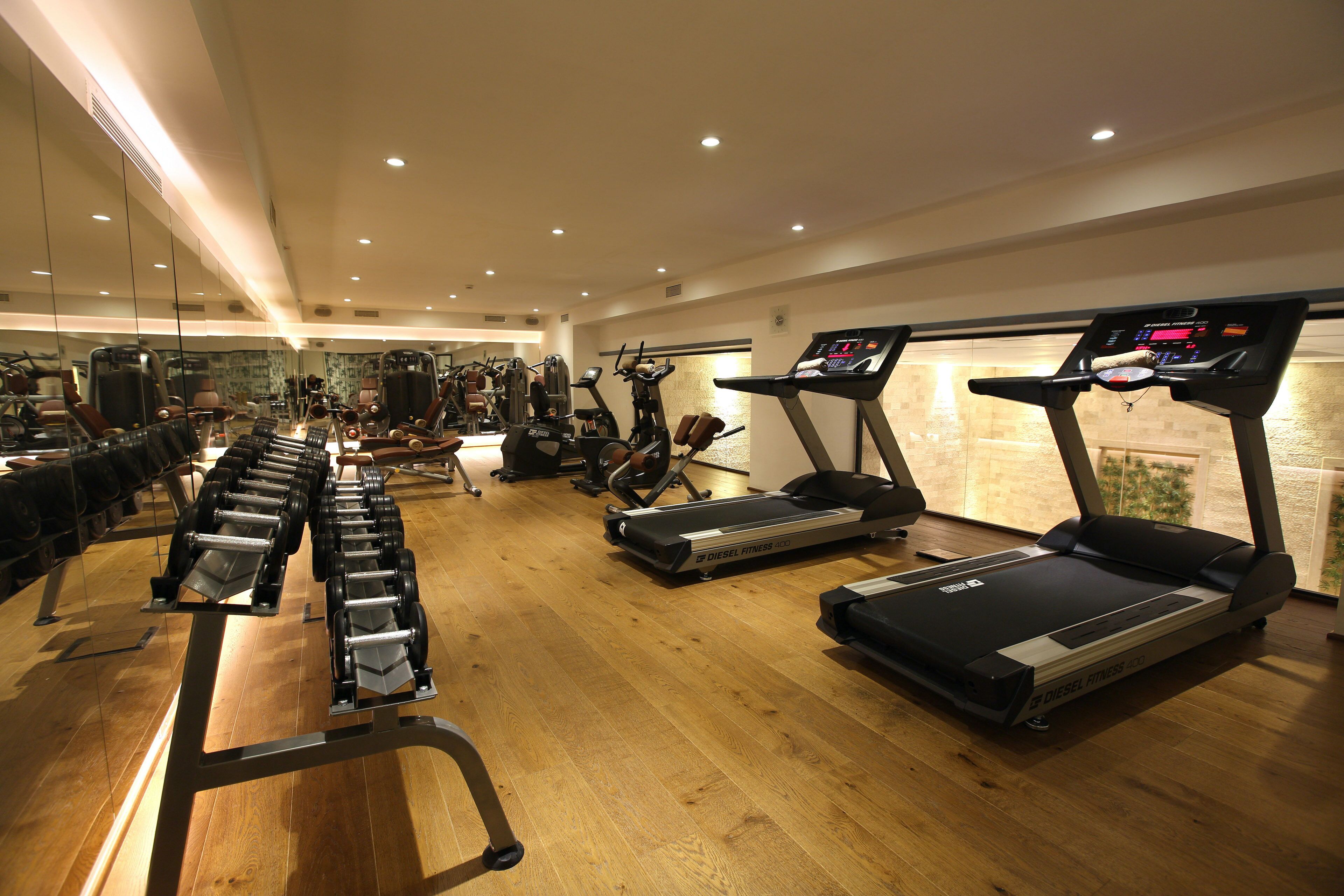 A gym with treadmills, weight machines, and a mirrored wall.
