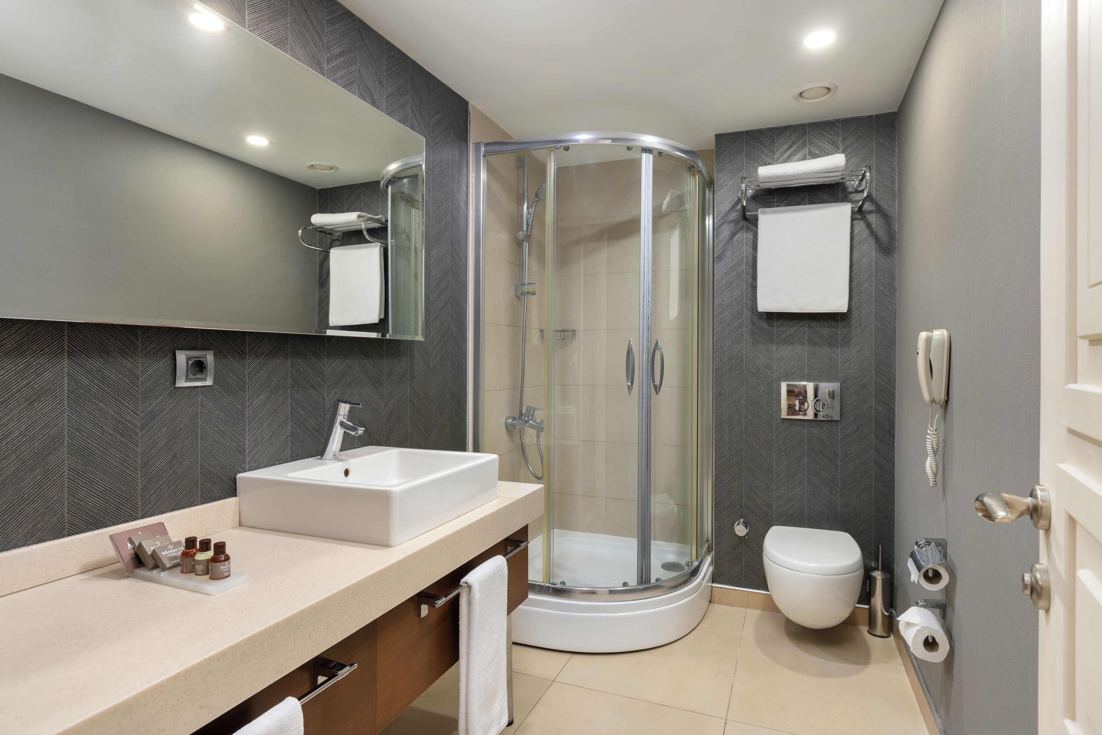A modern bathroom with a glass-enclosed shower, a white sink, and a toilet.