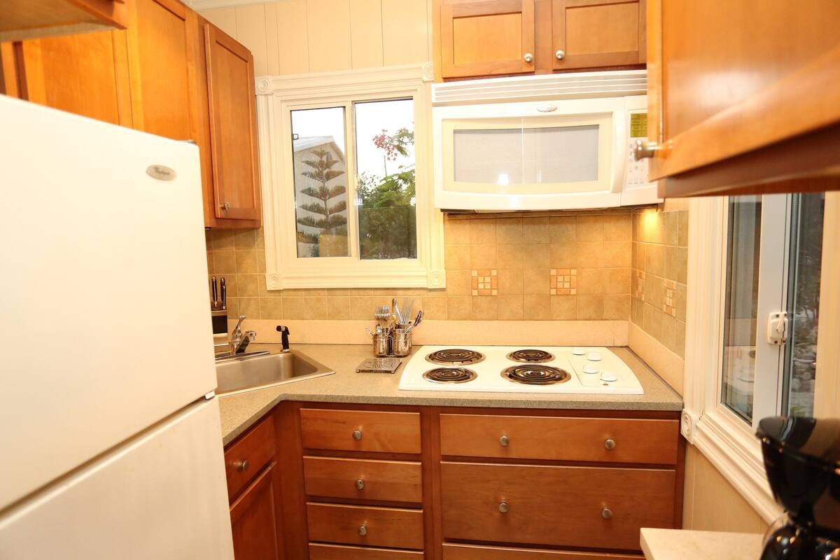 Coffee/tea maker, full-size fridge, microwave