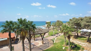 Un parque costero con un pabellón, palmeras y vista al mar.