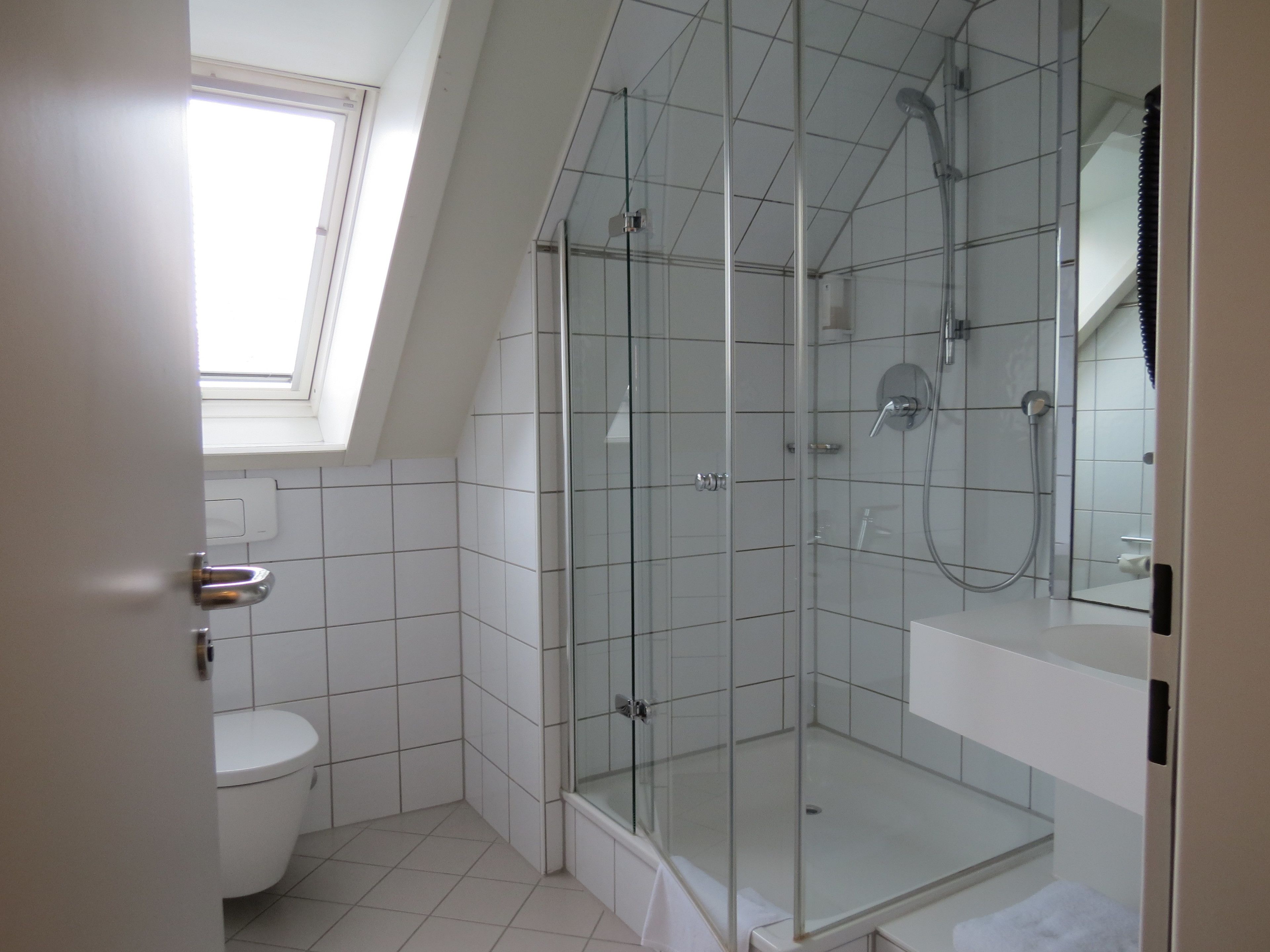 A modern bathroom with a glass-enclosed shower, a toilet, and a skylight.