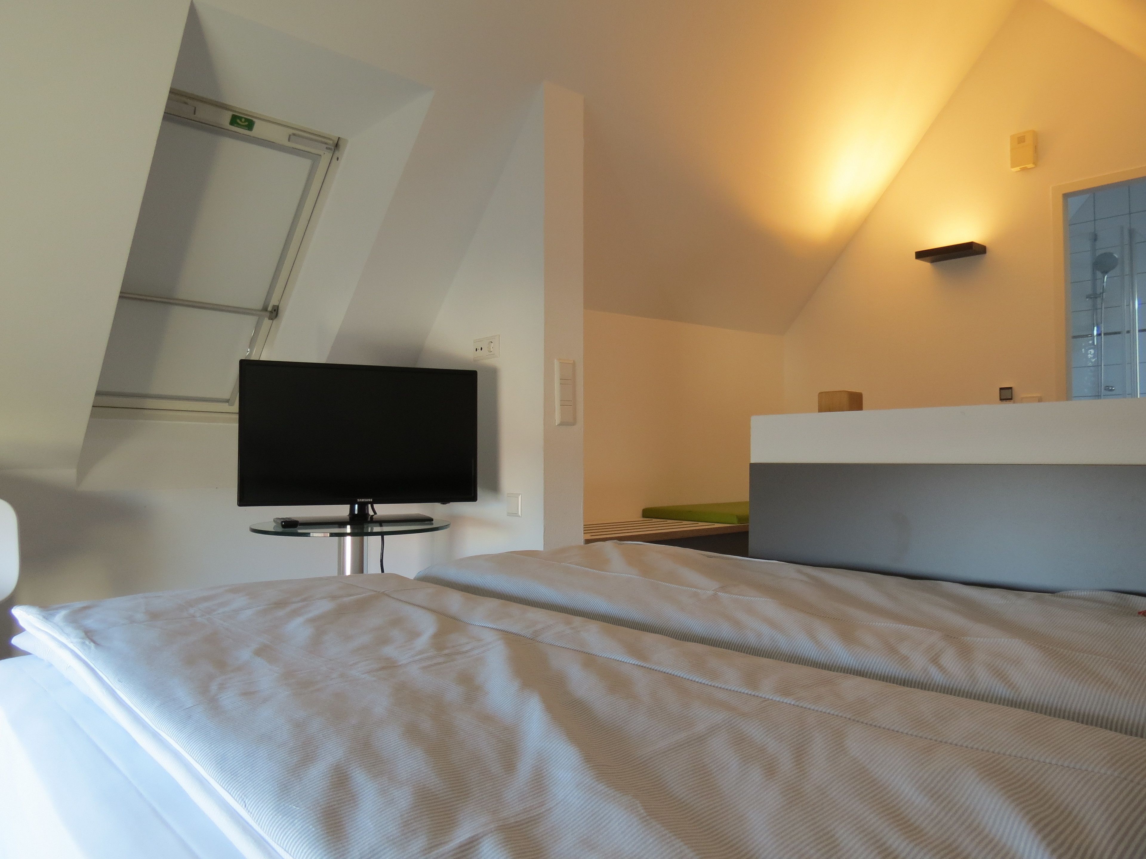 Een moderne slaapkamer met een bed, een televisie op een standaard, een nachtkastje, en een badkamer met een douche.