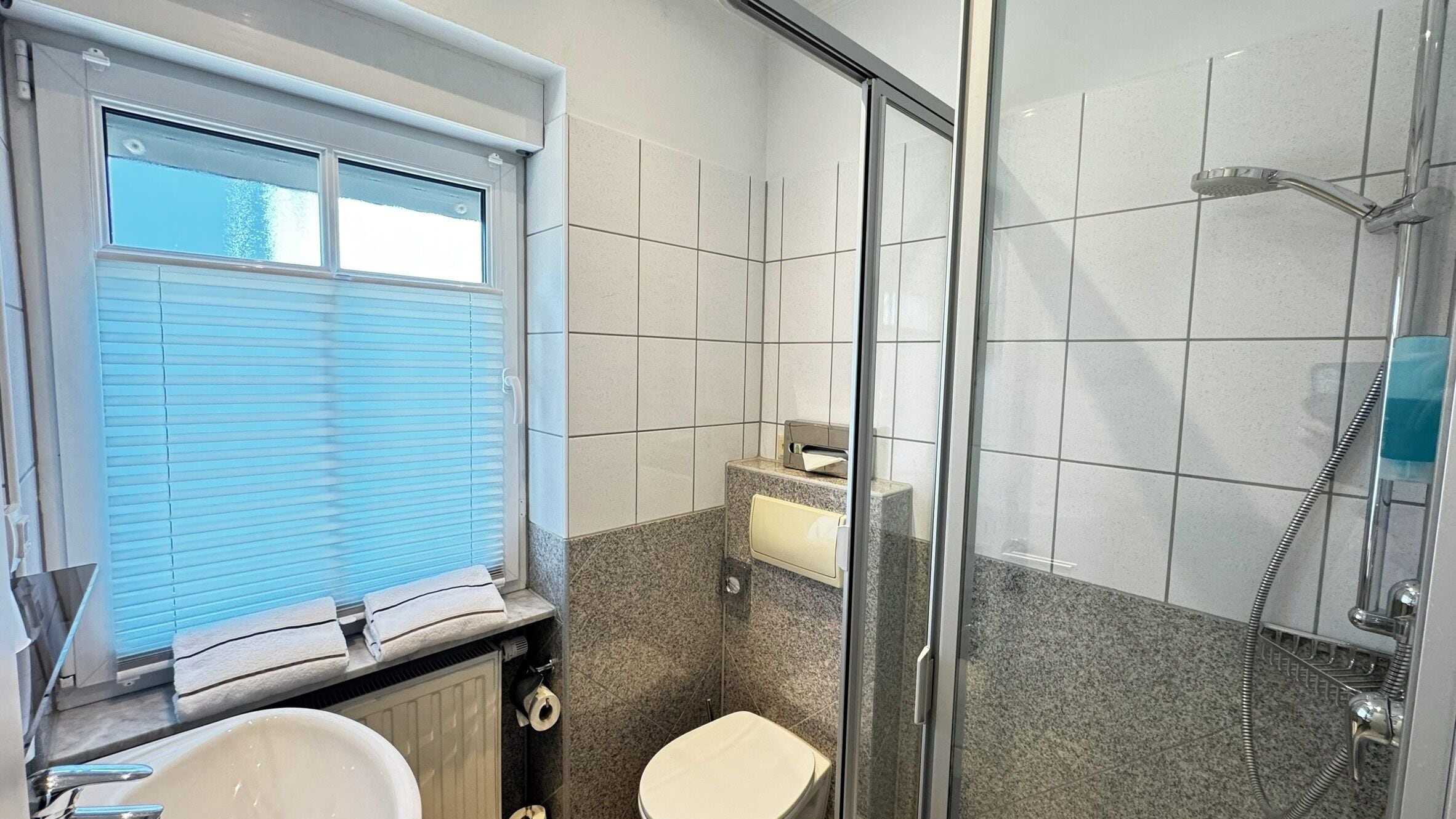 Un baño con inodoro, lavamanos y ducha.
