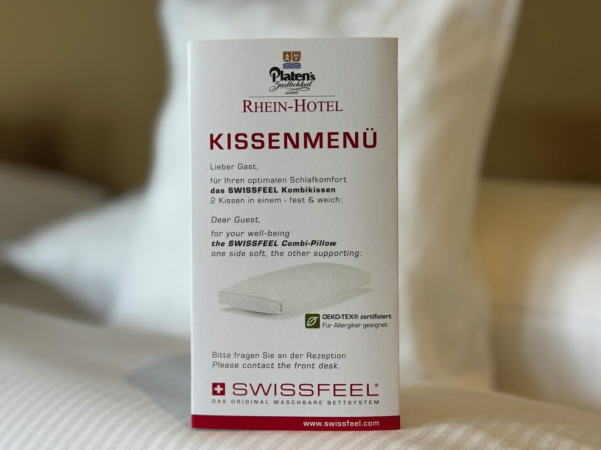 A box of Swissfeel Combi-Pillows from Rhein-Hotel.