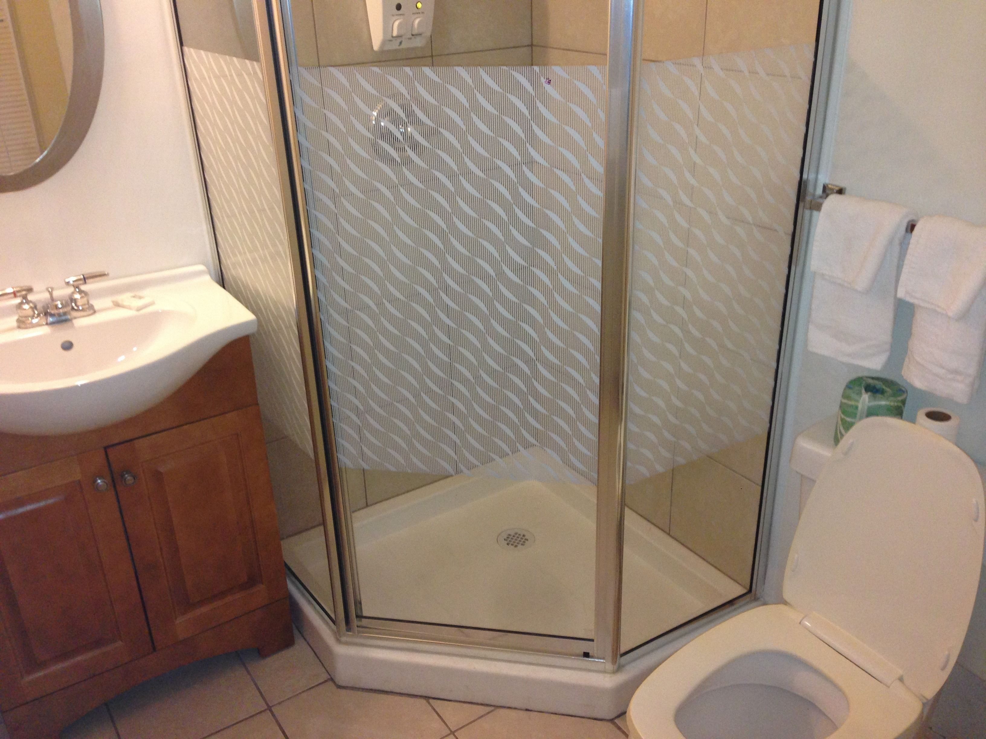 A bathroom with a glass-enclosed shower, a sink, and a toilet.