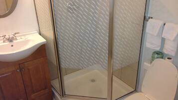 A bathroom with a glass-enclosed shower, a sink, and a toilet.