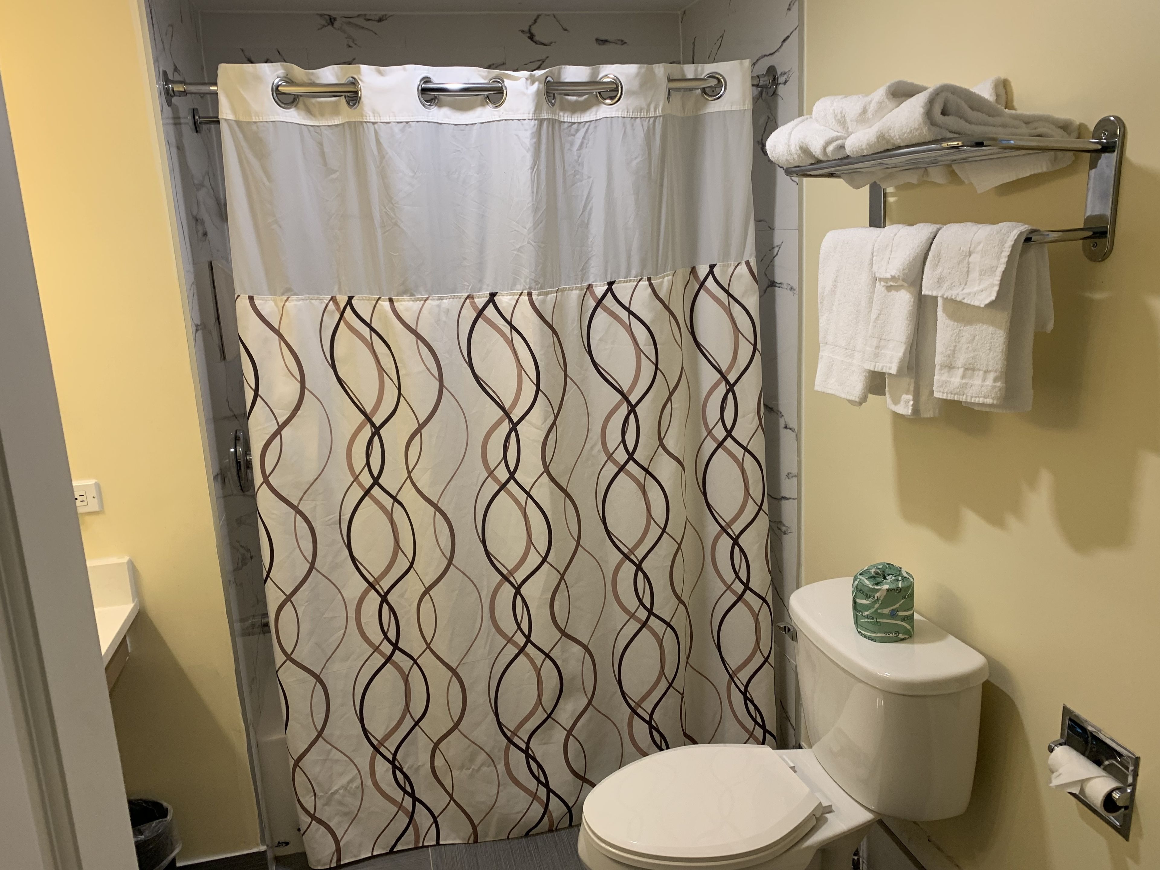 A bathroom with a shower curtain, toilet, towel rack, and a trash bin.