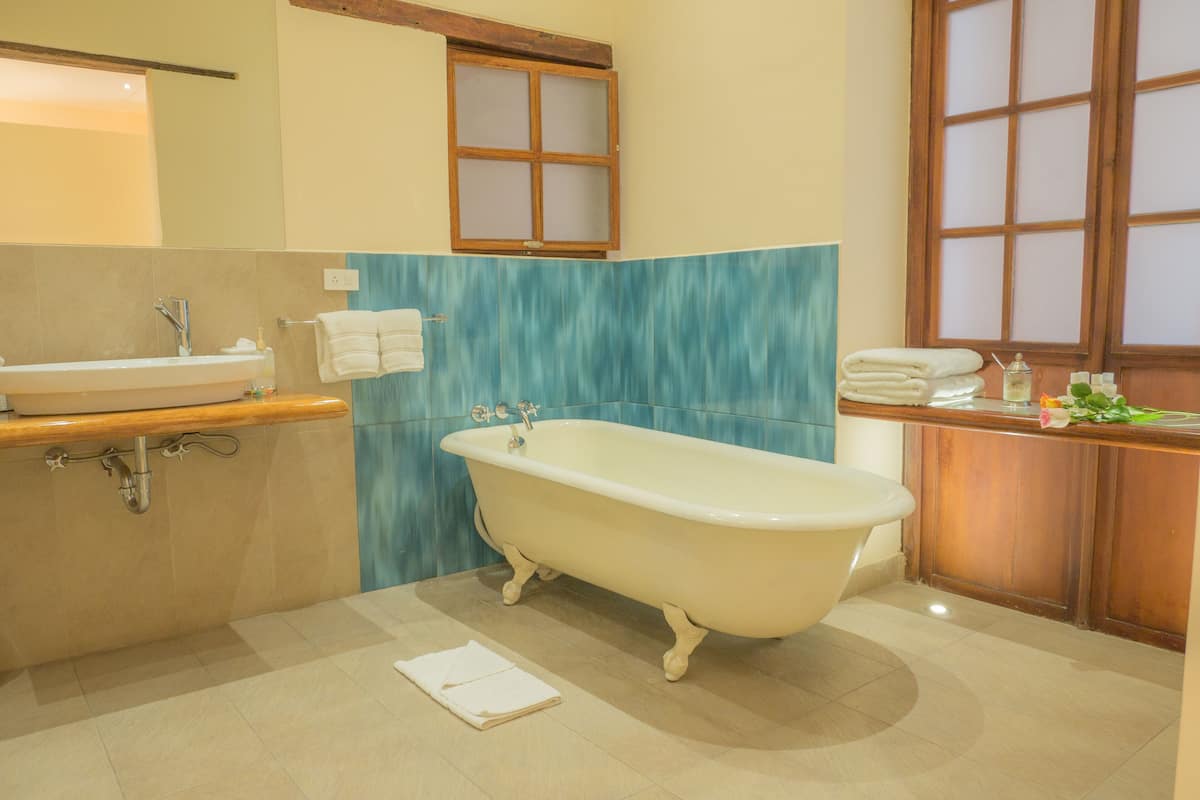 deluxe room | bathroom | shower, rainfall showerhead, free toiletries, hair dryer