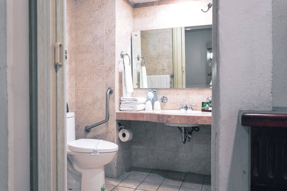 A bathroom with a toilet, sink, mirror, and towel rack.