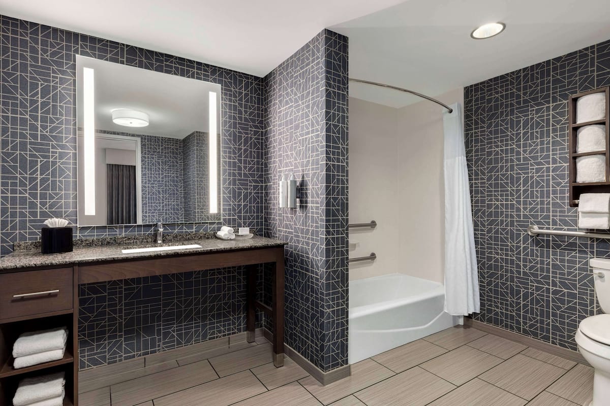 combined shower/bathtub, free toiletries, hair dryer, towels