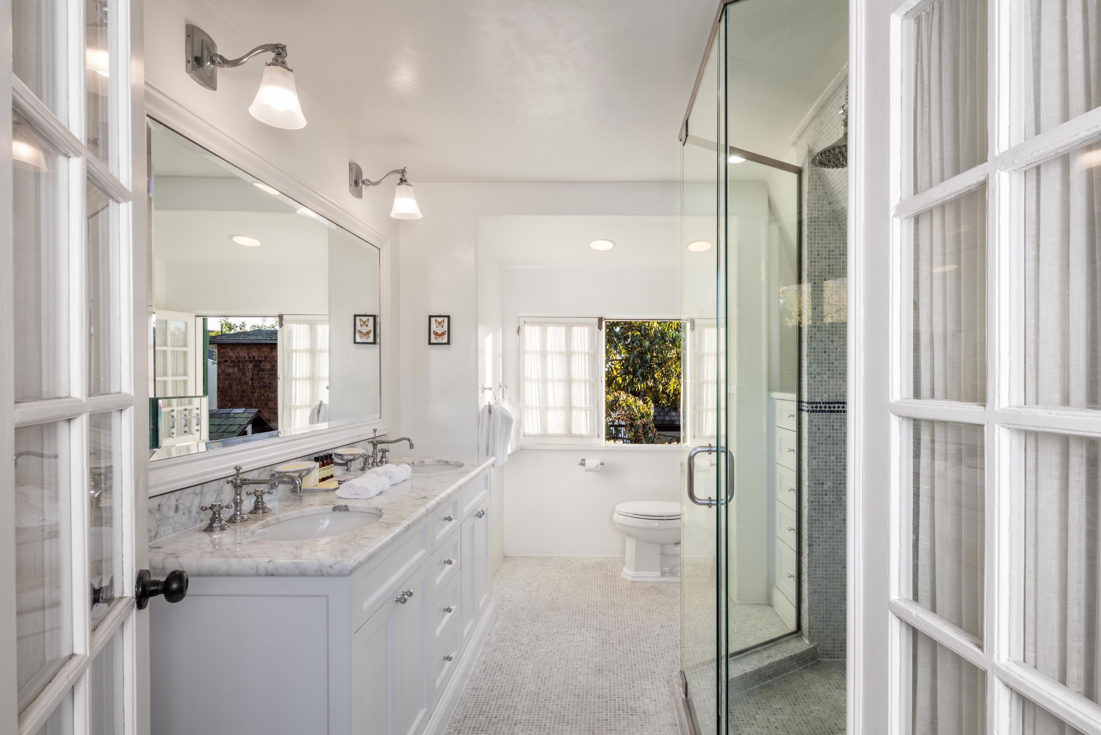 shower, designer toiletries, hair dryer, bathrobes