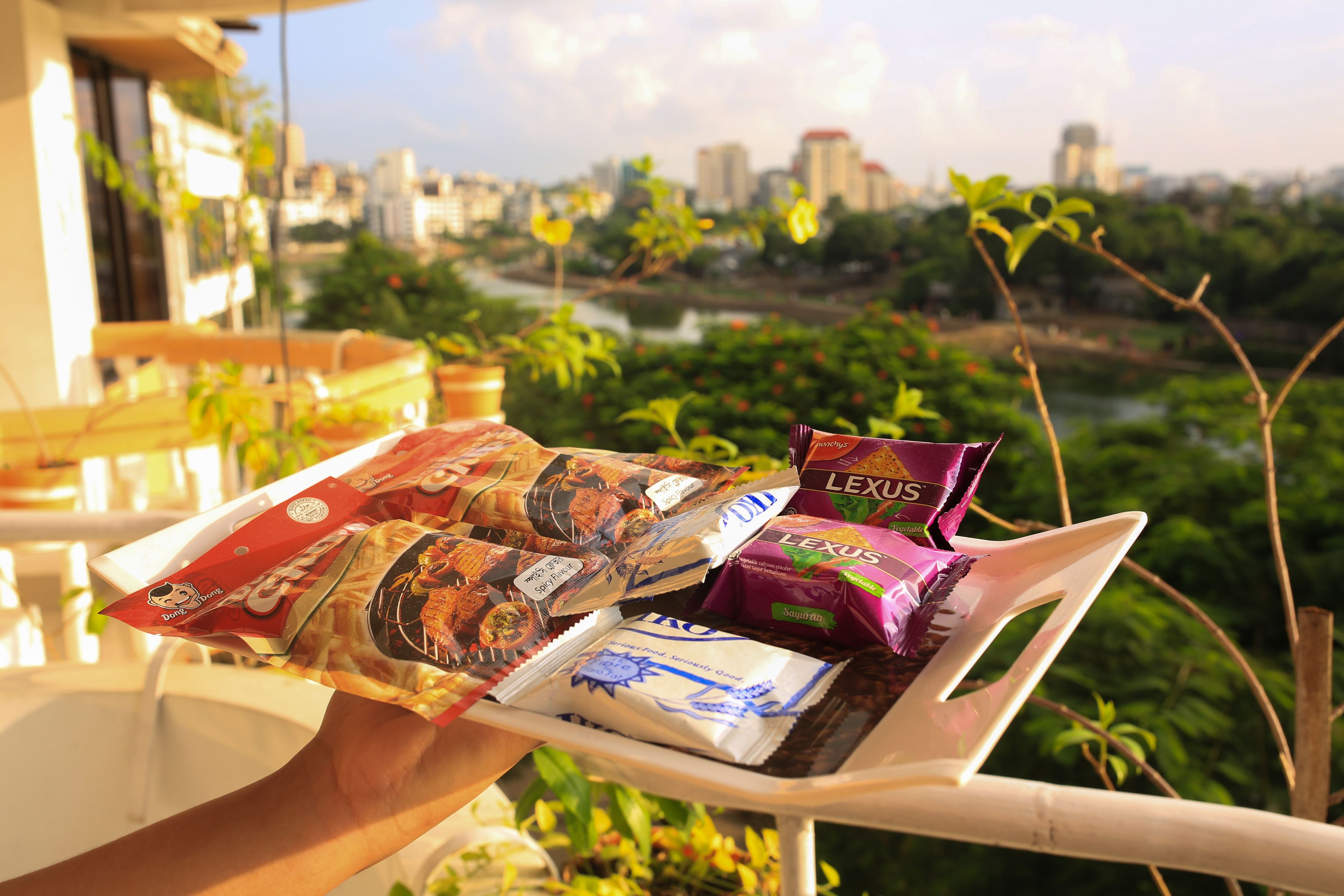 Una bandeja con alimentos, incluyendo una barra de chocolate y un aperitivo envasado, sostenida por una persona.