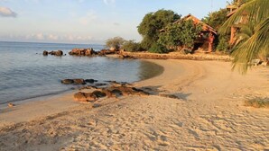 A sandy beach with rocks near the water, a palm tree, and a wooden structure with a roof. - Moon Beach Resort (Ko Pha-ngan)