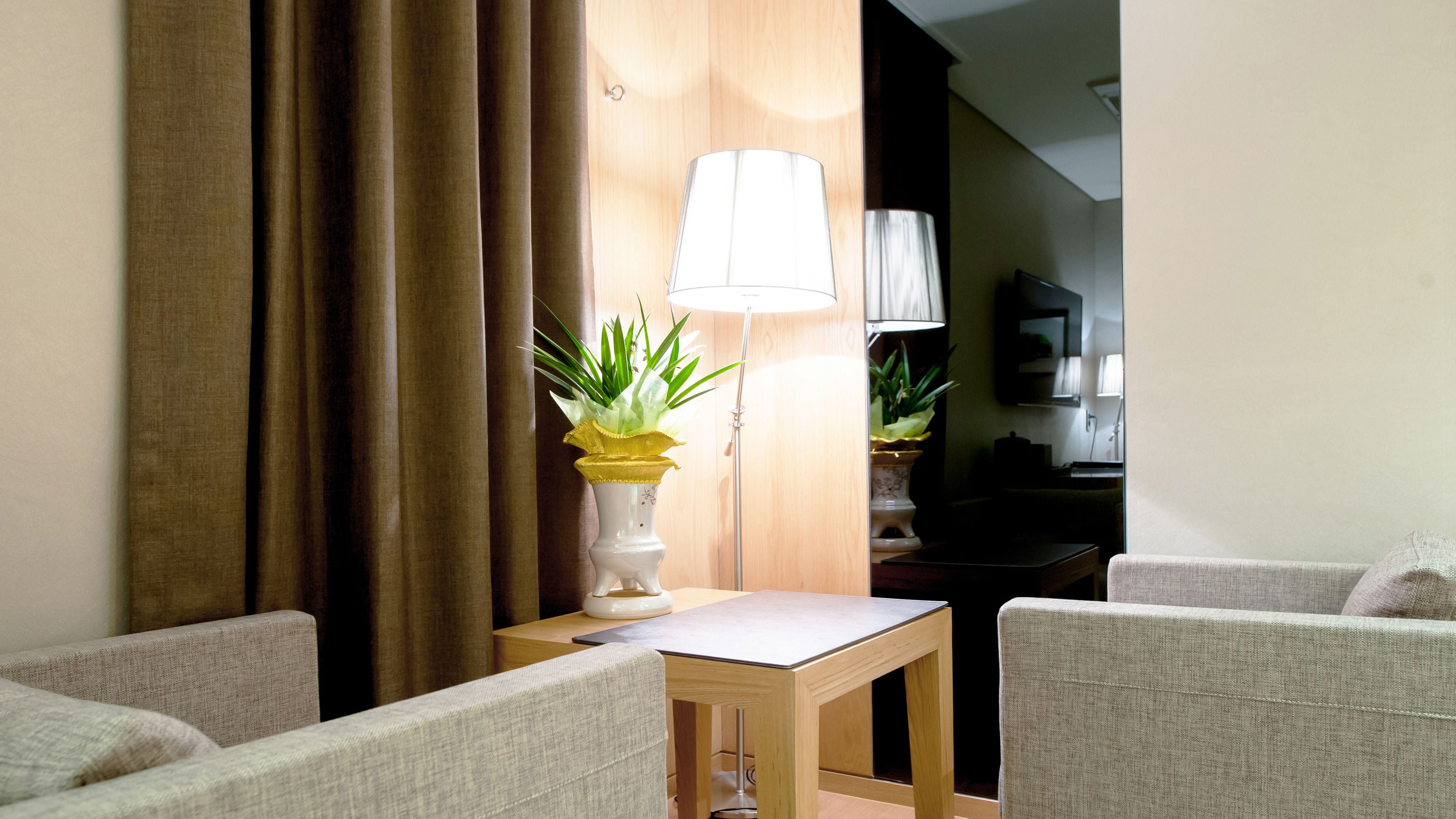 Habitación de hotel con sofá, una mesita, lámpara y dos plantas en macetas.