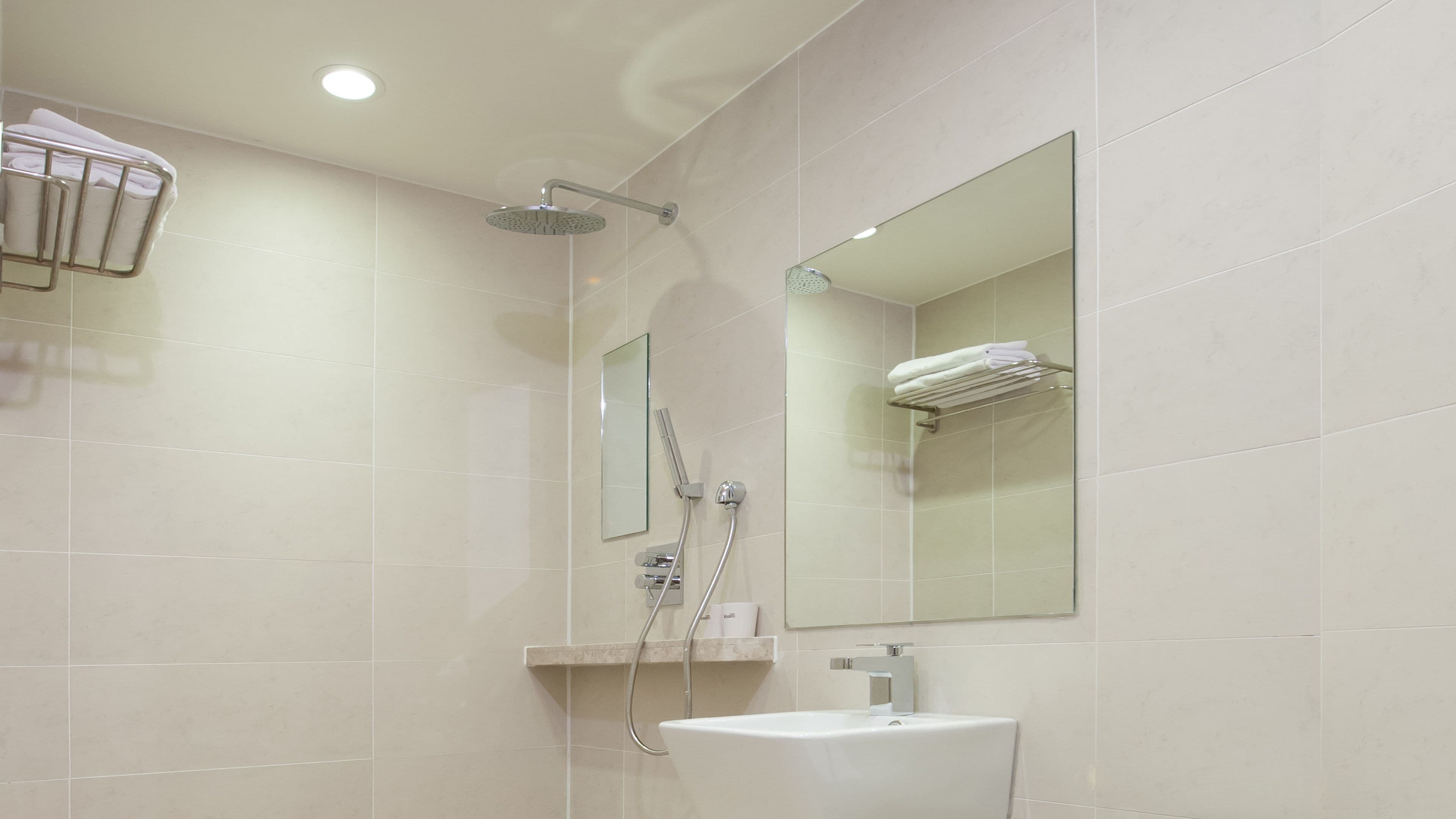 A modern bathroom with a shower, a sink, and a mirror.