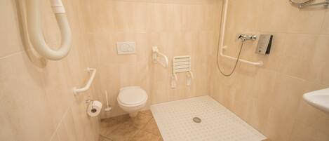 A small, modern bathroom with a shower, toilet, and a handrail.