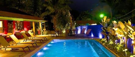 Outdoor pool, pool umbrellas, pool loungers