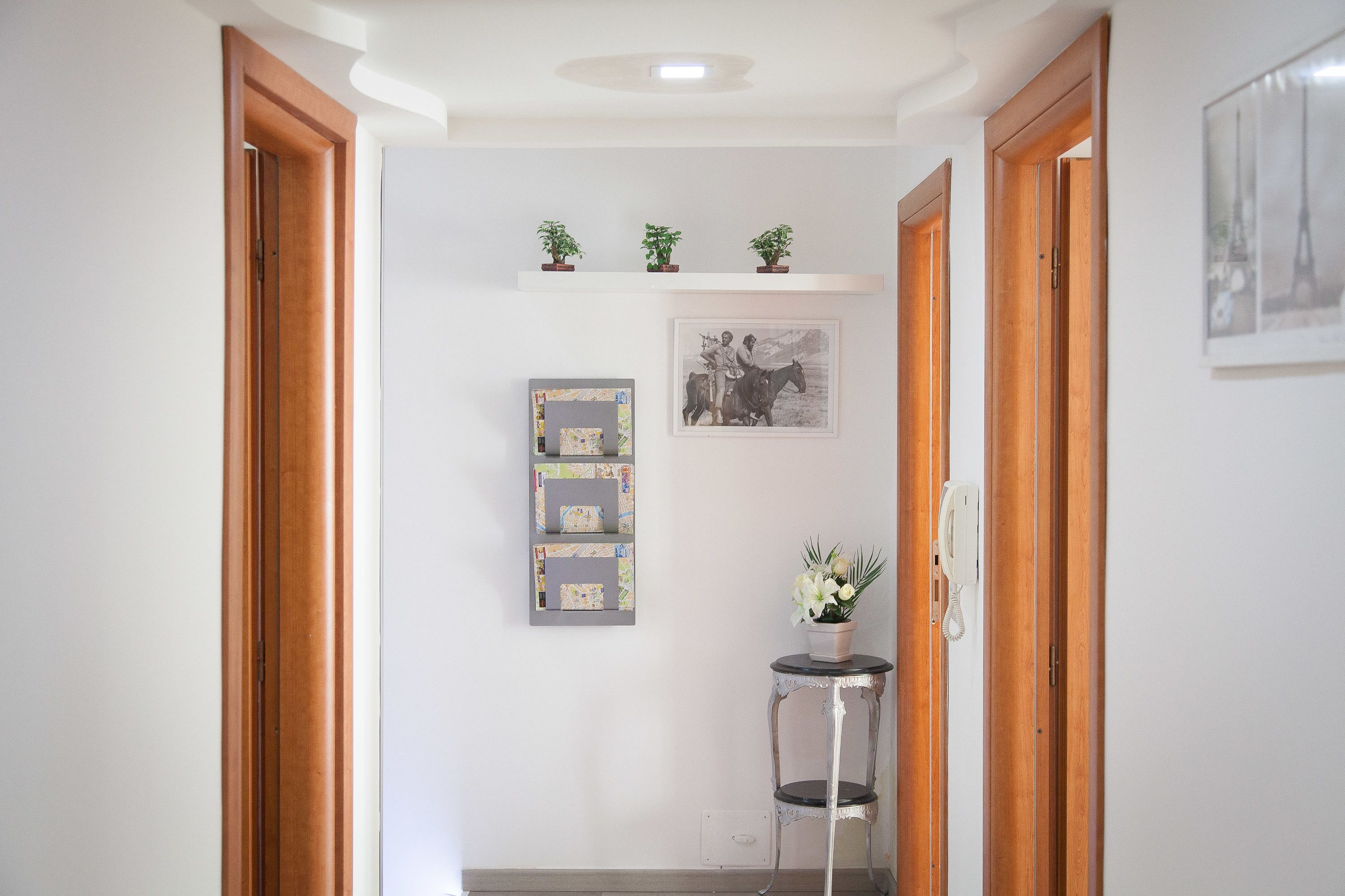 A hallway with wooden doors, a small table with a potted plant, and a framed picture on the wall.