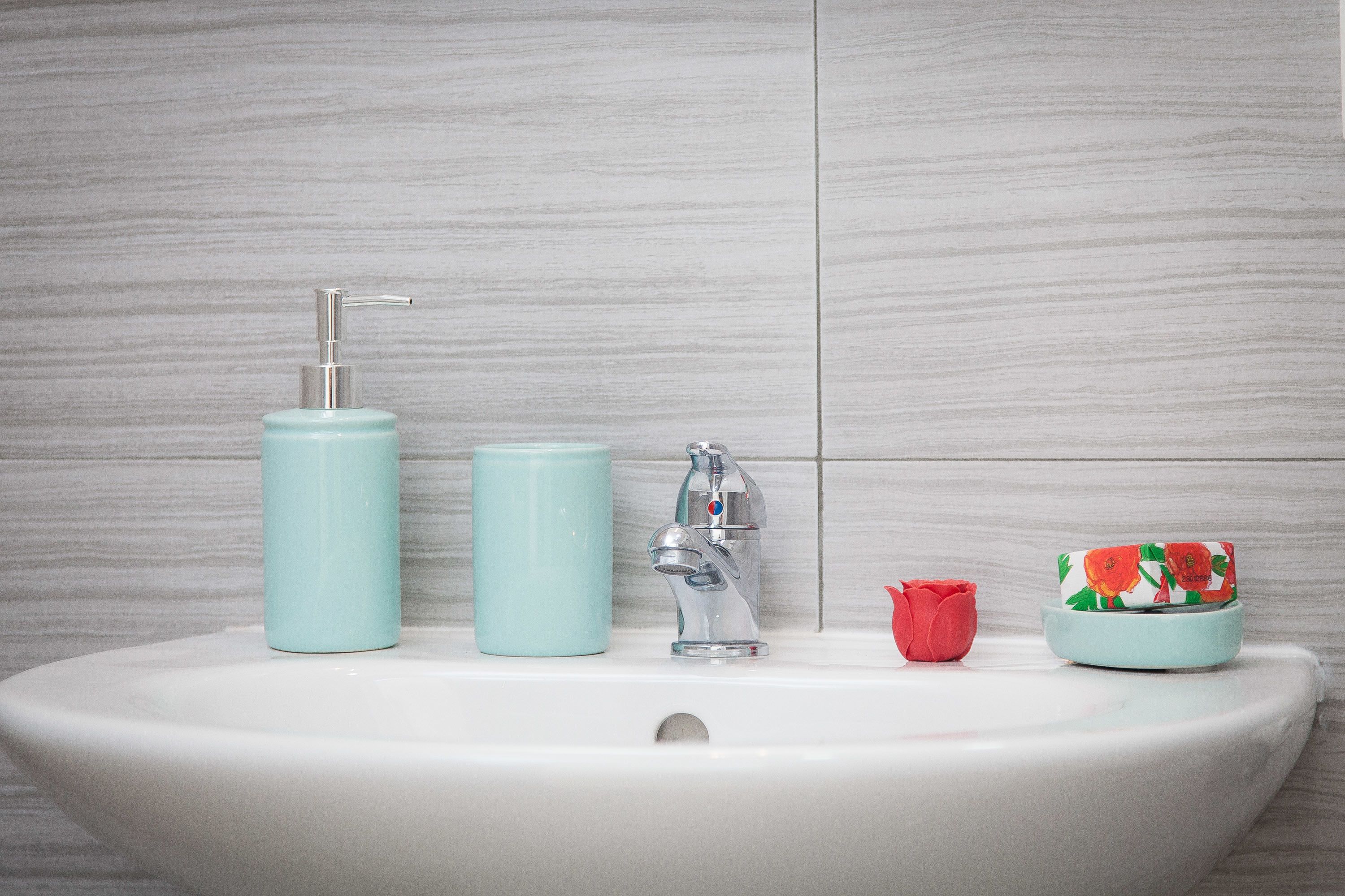 A bathroom sink with a faucet, a soap dispenser, and a small red flower.