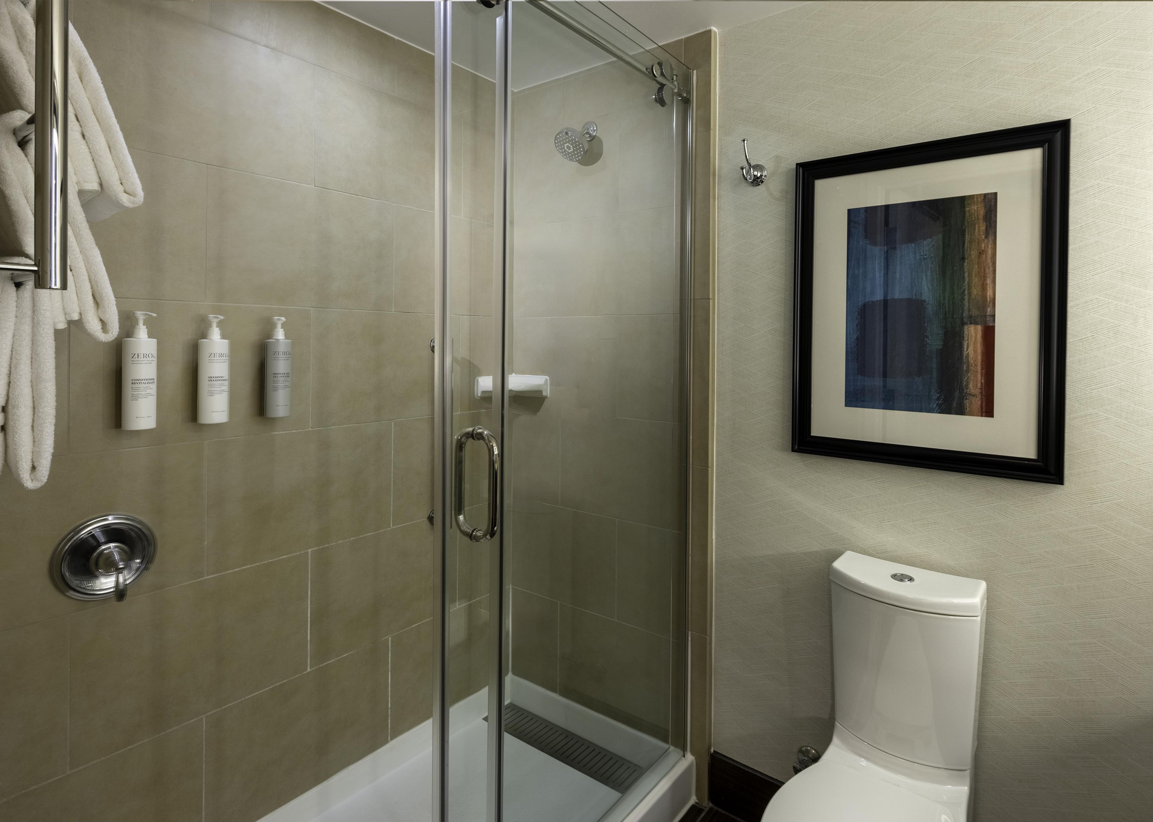 A glass-enclosed shower with a white toilet and a framed picture on the wall.