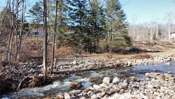 Une rivière qui traverse un paysage rocheux, avec des arbres et des bâtiments en arrière-plan.