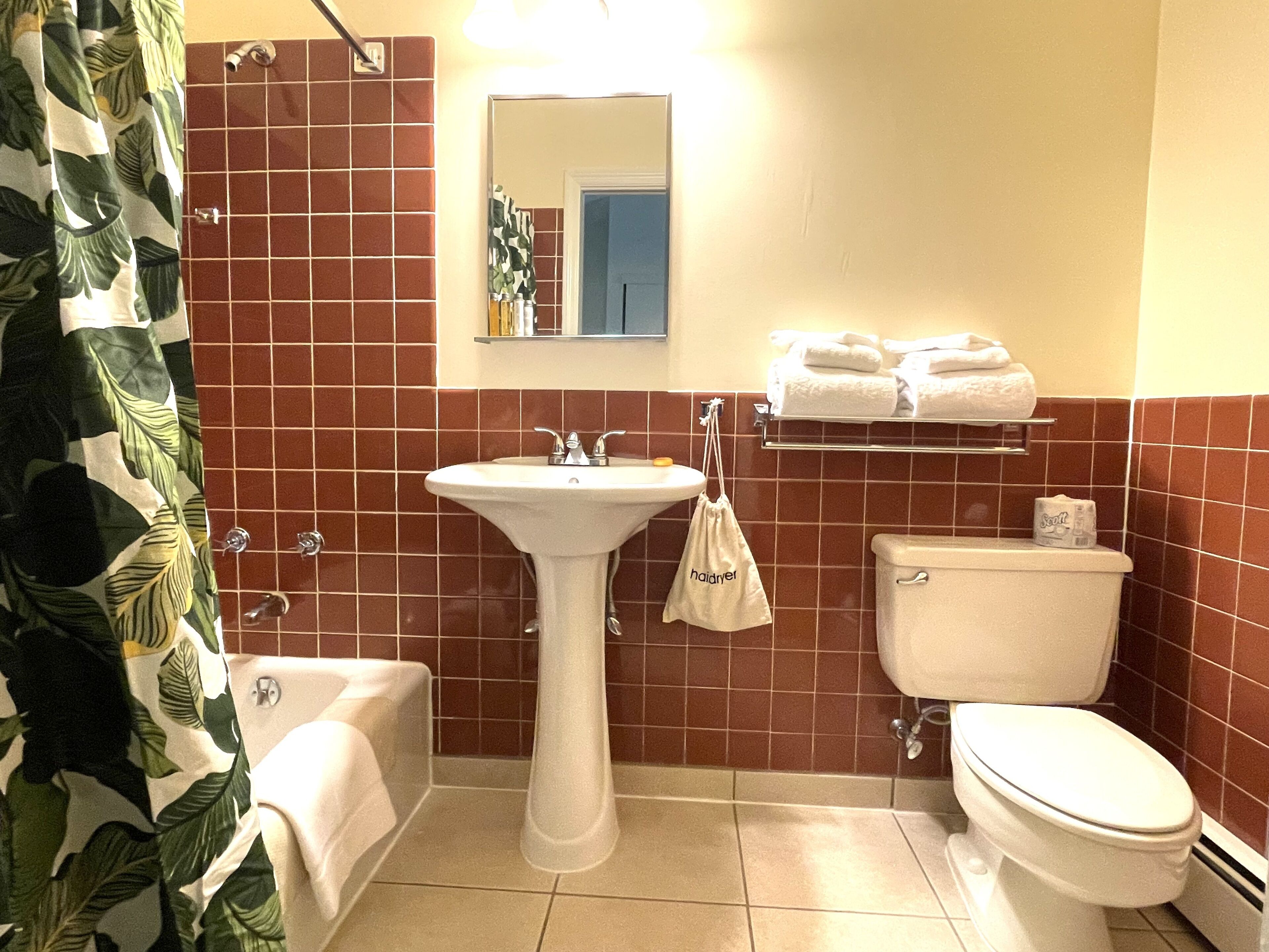 combined shower/bathtub, hair dryer, towels