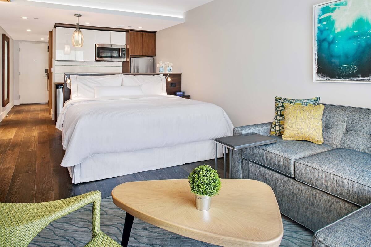 Habitación de hotel moderna con una cama grande, un sofá gris, una pequeña mesa con una planta y una kitchenette al fondo.